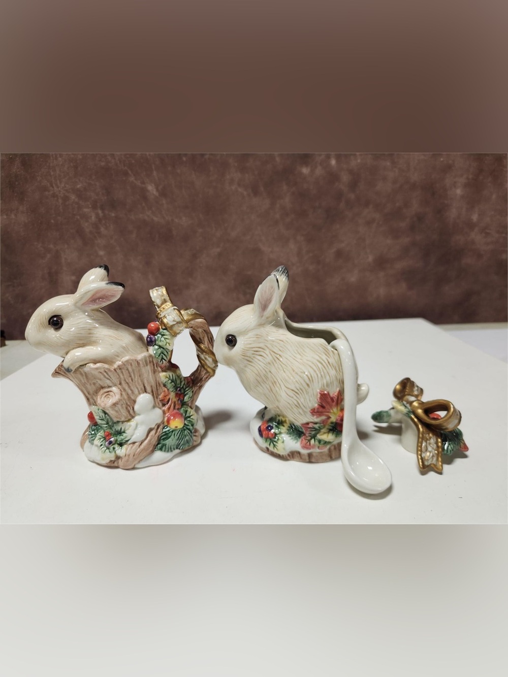 Vintage Fitz and Floyd Snowy Woods Bunny Creamer and Sugar Bowl Set 1996